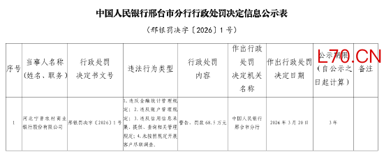 河北宁晋农商银行被罚68.5万元：违反金融统计管理规定等